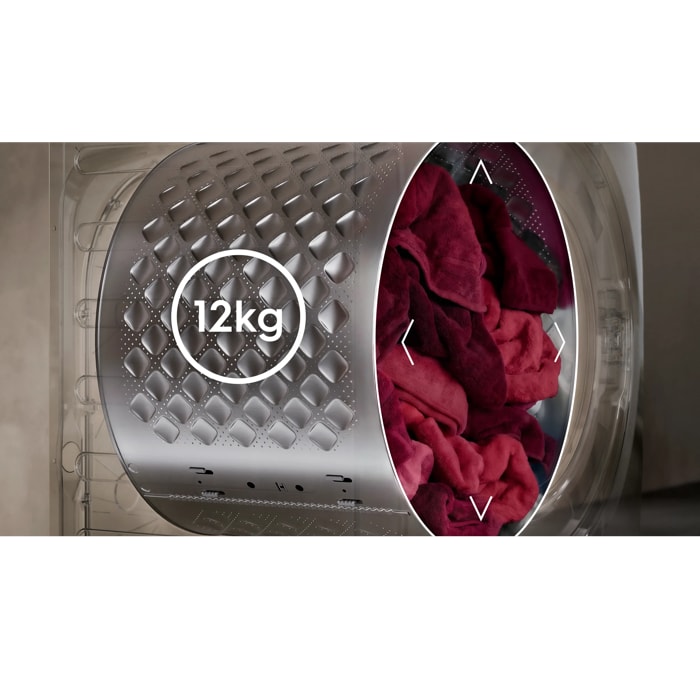 The spacious 12 kg drum fits more laundry, with cycles optimised for big loads