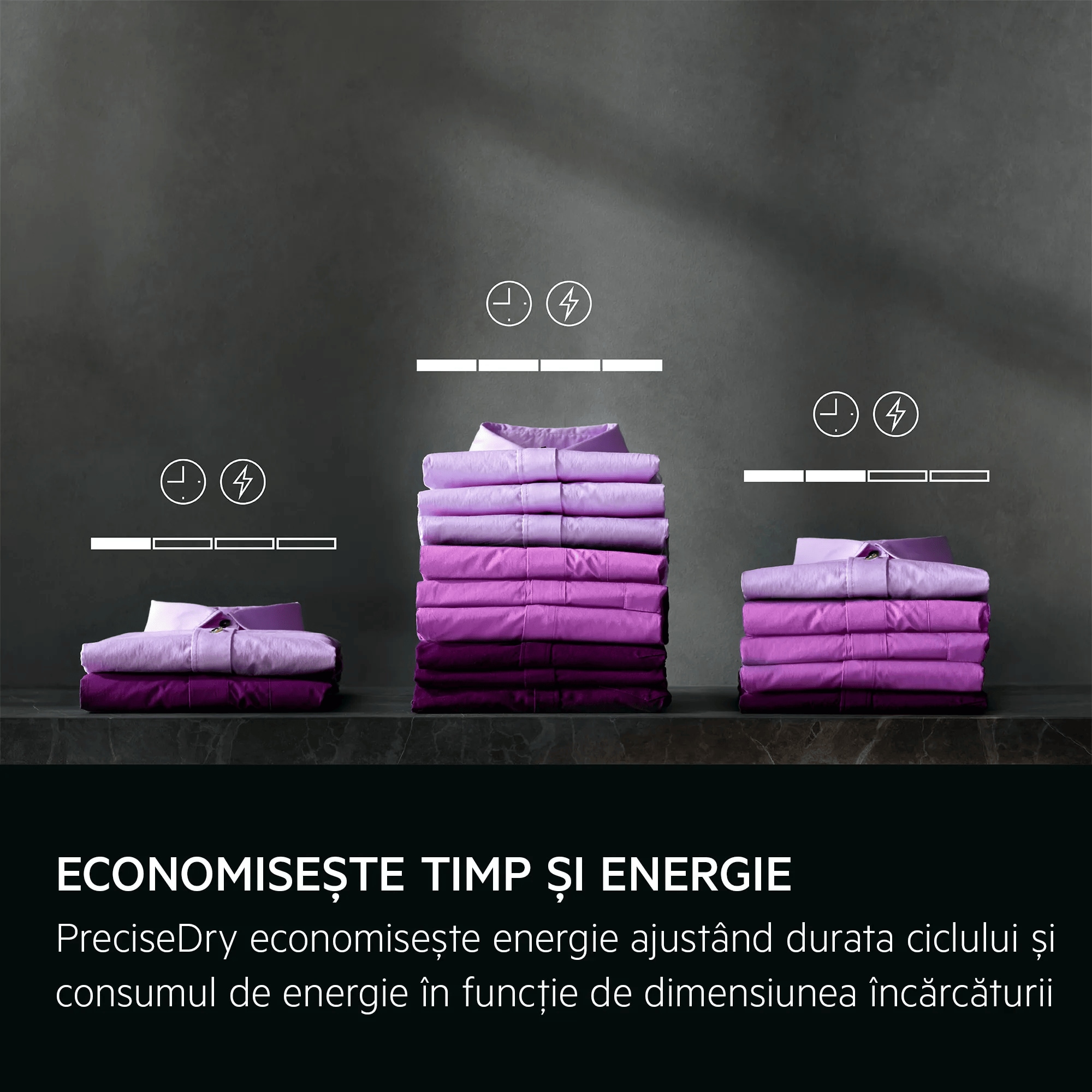 ECONOMISEȘTE TIMP ȘI ENERGIE PreciseDry economisește energie ajustând durata ciclului și consumul de energie în funcţie de dimensiunea încărcăturii