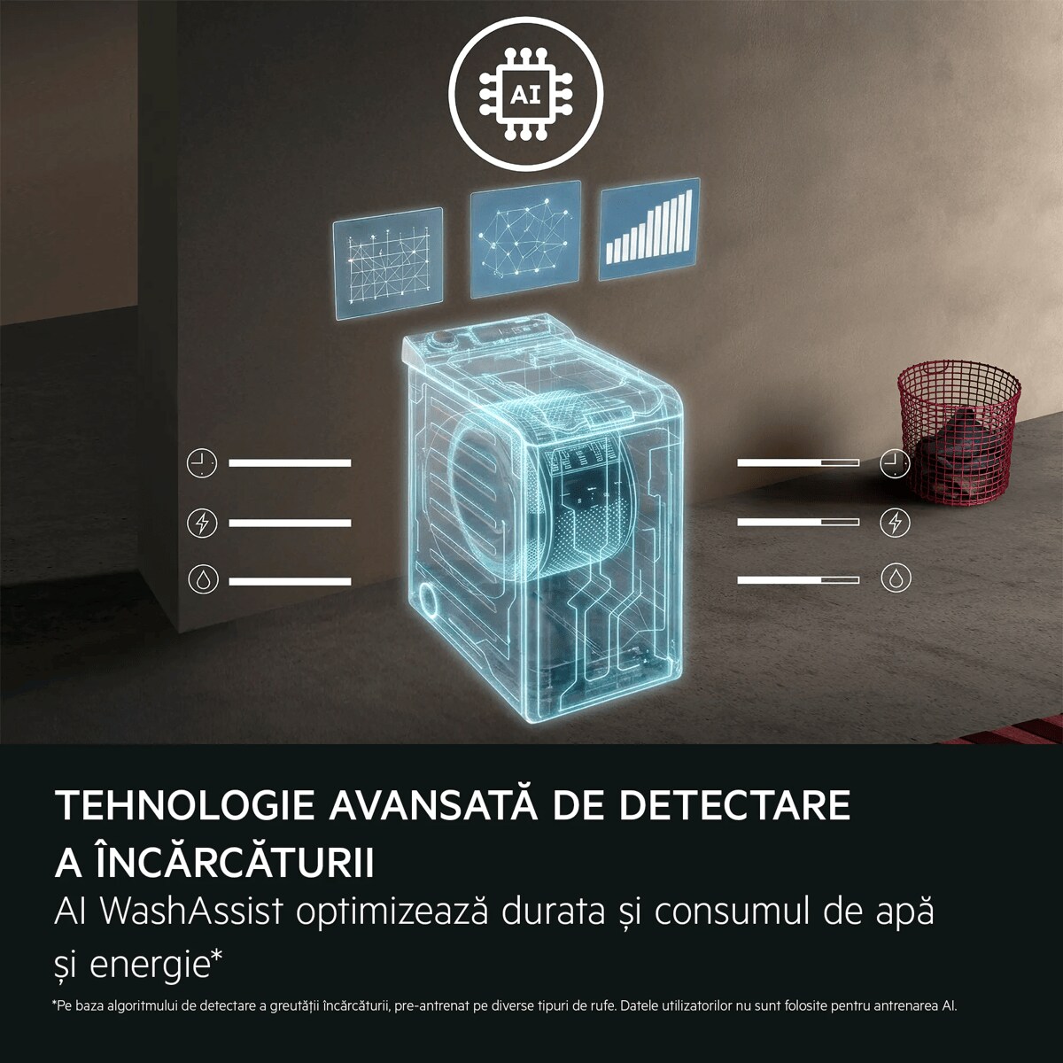 Tehnologie avansată de detectare a încărcăturii AI WashAssist optimizează durata și consumul de apă și energie*    *Pe baza algoritmului de detectare a greutăţii încărcăturii, pre-antrenat pe diverse tipuri de rufe. Datele utilizatorilor nu sunt folosite pentru antrenarea AI.